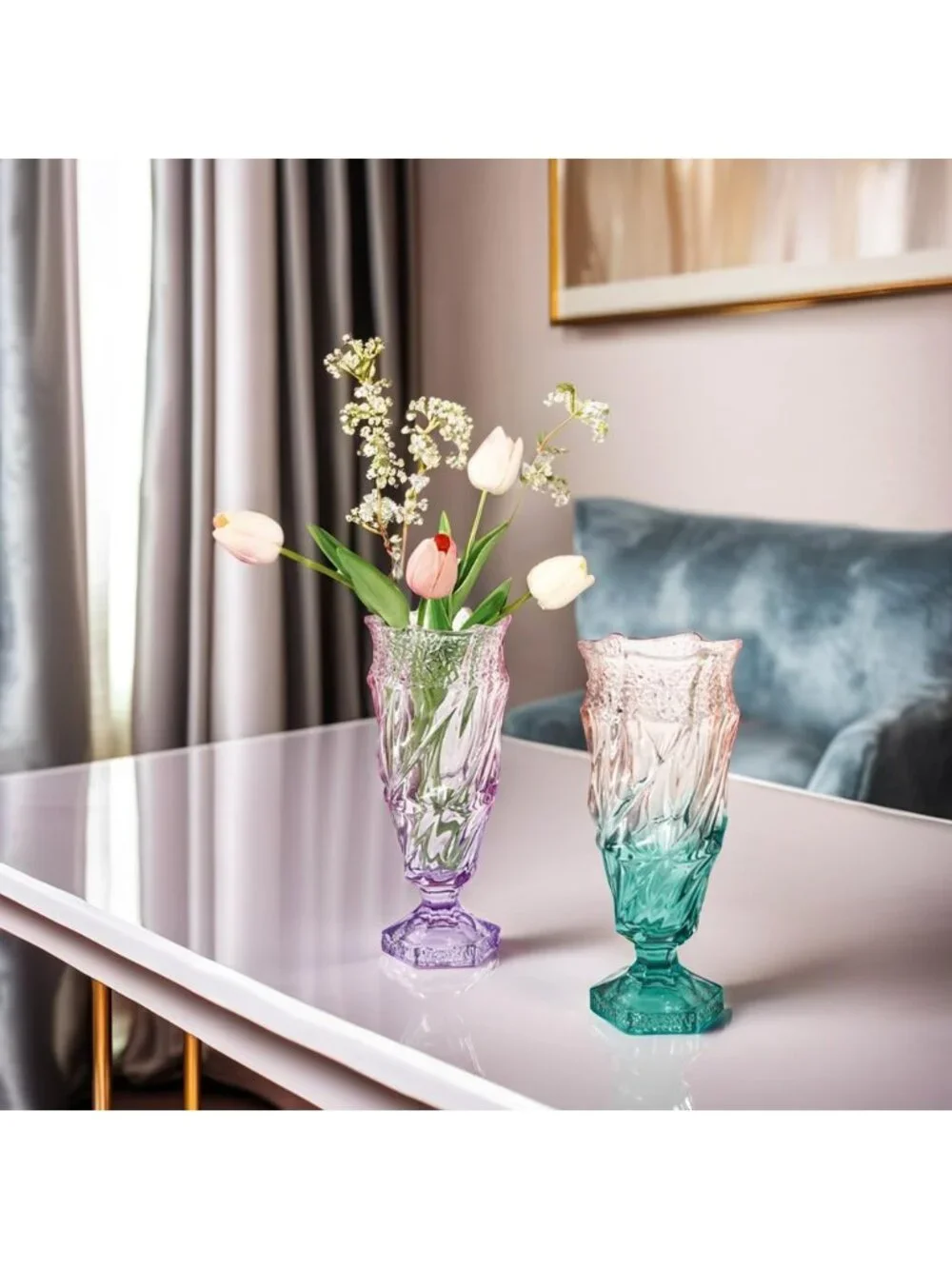 9.5 Inch Green Pink Glass Flower Vase Bohemian Style For Centerpieces Home Dec